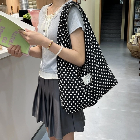 Polka Dot Muster Tragetasche Polyester Schulterhandtasche Für Damen Täglicher Lässiger Stil Mit Banddekor