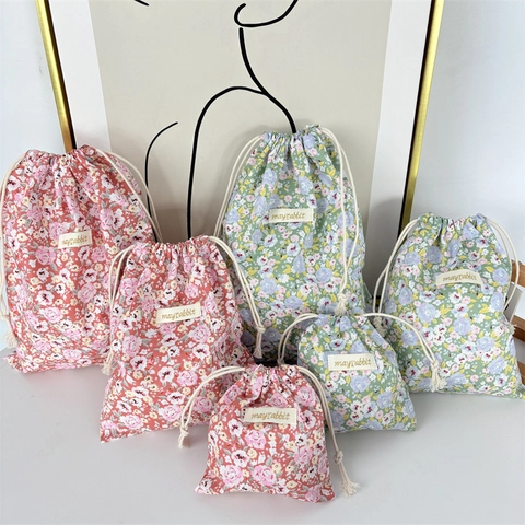 Floral Drawstring Storage Bags Cotton Fabric Portable Travel Organizer Dustproof Pouch For Cosmetics Underwear Stationery