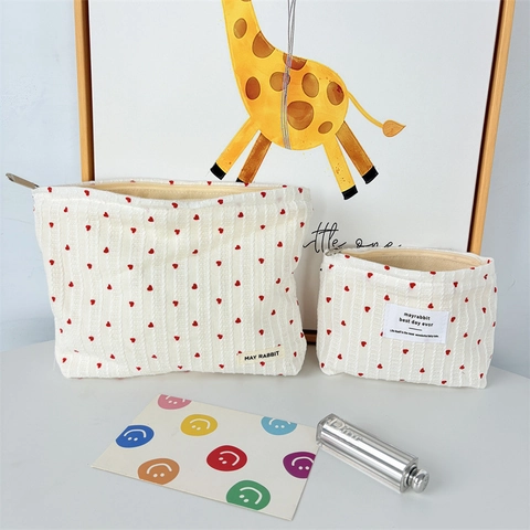 Heart Pattern Makeup Bag Cotton Canvas Portable Large Capacity Travel Storage Organizer Pouch Sweet Style For Women Girls