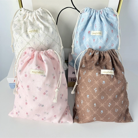 Corduroy Drawstring Storage Bags Floral Checkered Bow Travel Cosmetic Organizer Pouch Korean Style Portable Sorting