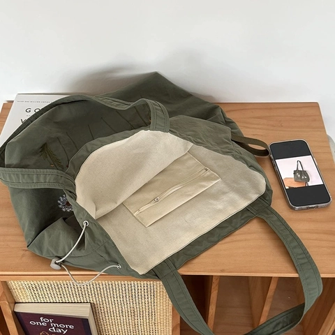 Borsa Tote Con Ricamo Floreale In Nylon Con Coulisse Borsa A Spalla Per Donna Grande Capacità Stile Retrò Elegante