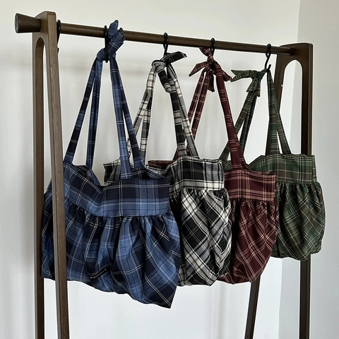 Borsa Tote Plaid Donna Grande Capacità Borsa Spalla Poliestere Volant Fiocco Retro Casual Versatile Pendolare Mano