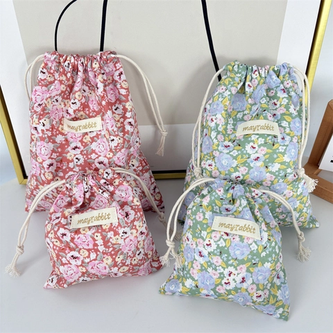 Floral Drawstring Storage Bags Cotton Fabric Portable Travel Organizer Dustproof Pouch For Cosmetics Underwear Stationery