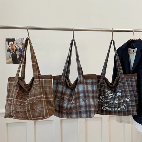 Checkered Woolen Tote Bag With Corduroy Lining And English Embroidery Large Capacity Casual Shoulder Handbag For Women