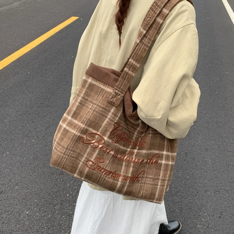 Checkered Woolen Tote Bag With Corduroy Lining And English Embroidery Large Capacity Casual Shoulder Handbag For Women