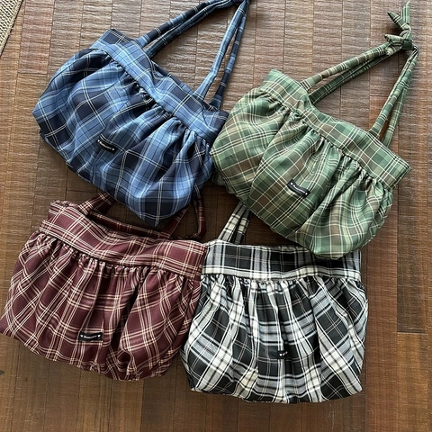 Borsa Tote Plaid Donna Grande Capacità Borsa Spalla Poliestere Volant Fiocco Retro Casual Versatile Pendolare Mano