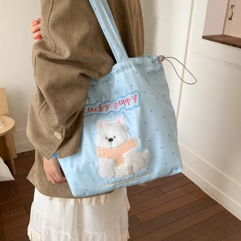 Borsa A Tracolla Da Donna Nylon Ricamato Cartone Animato Coulisse Tote A Mano Casual Versatile