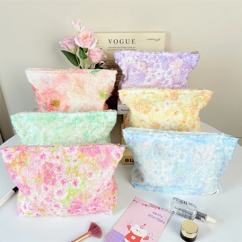 Neceser De Peluche Con Estampado Floral Y Flecos De Borlas Gran Capacidad Organizador De Maquillaje Bolsa De Almacenamiento