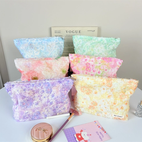 Neceser De Peluche Con Estampado Floral Y Flecos De Borlas Gran Capacidad Organizador De Maquillaje Bolsa De Almacenamiento