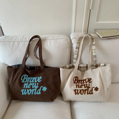 Women Corduroy Tote Bag Large Capacity Shoulder Handbag Plaid Lining Embroidery Letter Pattern Retro Casual Style