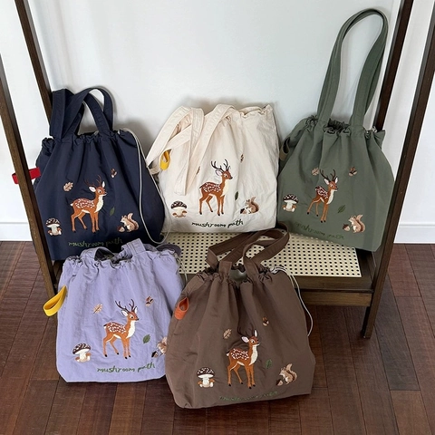Bolso Tote Bordado Nailon Lona Animales Bosque Cordón Gran Capacidad Bolso De Hombro Casual Viaje Mujeres