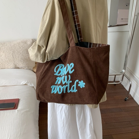 Women Corduroy Tote Bag Large Capacity Shoulder Handbag Plaid Lining Embroidery Letter Pattern Retro Casual Style