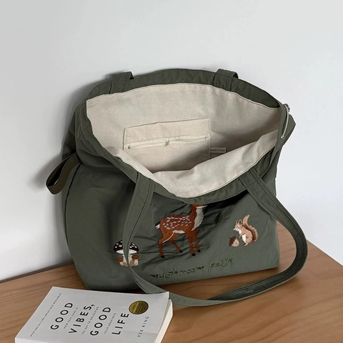Bolso Tote Bordado Nailon Lona Animales Bosque Cordón Gran Capacidad Bolso De Hombro Casual Viaje Mujeres