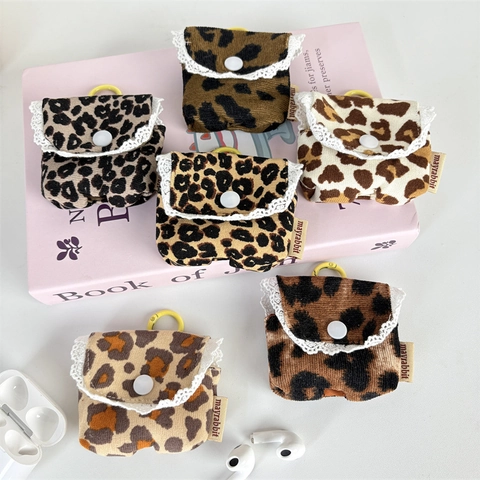 Corduroy Leopard Print Earphone Storage Pouch With Lace Trim Retro Portable Case For Wireless Earbuds Snap Button