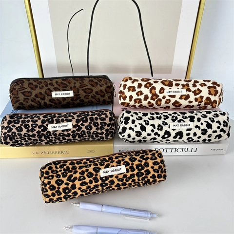 Leopard Print Penningzakje Corduroy Grote Capaciteit Draagbare Briefpapier Opbergtas Voor School Meisjes