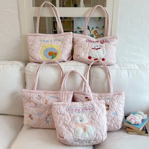 Leuke Gewatteerde Draagtas Met Hartpatroon Nylon Schoudertas Met Borduurwerk Grote Capaciteit Casual Handtas Voor Dames Meisjes