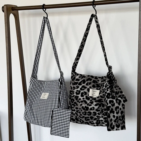 Grande Borsa Tote E Portamonete Da Donna Quadri Gingham Stampa Leopardata Tela Tracolla Regolabile Stile Coreano