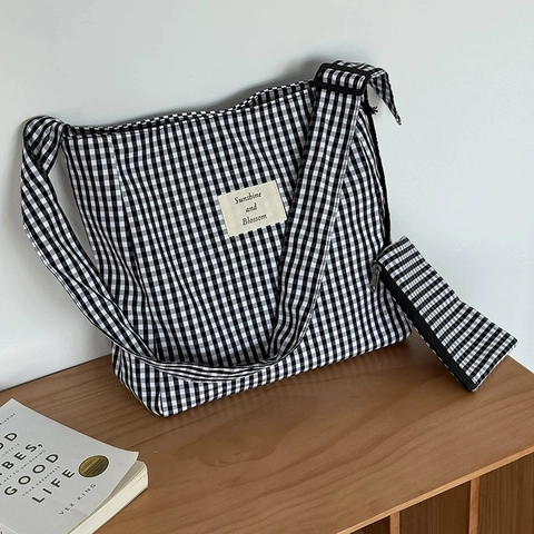 Grande Borsa Tote E Portamonete Da Donna Quadri Gingham Stampa Leopardata Tela Tracolla Regolabile Stile Coreano