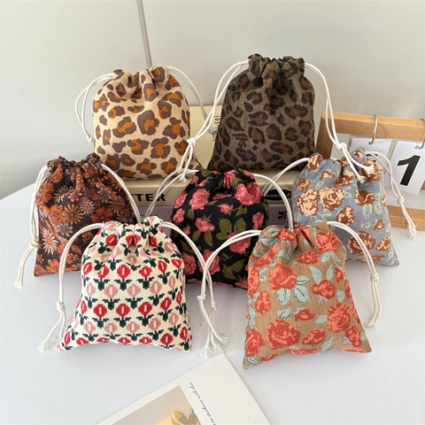 Borsa Portaoggetti In Velluto A Coste Con Coulisse Mini Stampa Floreale Leopardata Astuccio Per Trucco E Gioielli