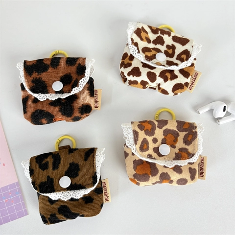 Corduroy Leopard Print Earphone Storage Pouch With Lace Trim Retro Portable Case For Wireless Earbuds Snap Button