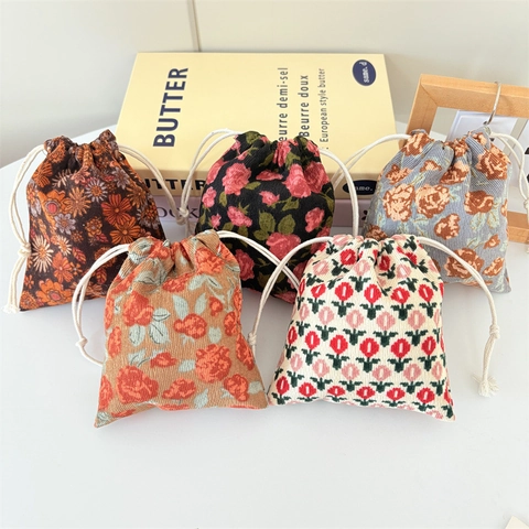 Borsa Portaoggetti In Velluto A Coste Con Coulisse Mini Stampa Floreale Leopardata Astuccio Per Trucco E Gioielli