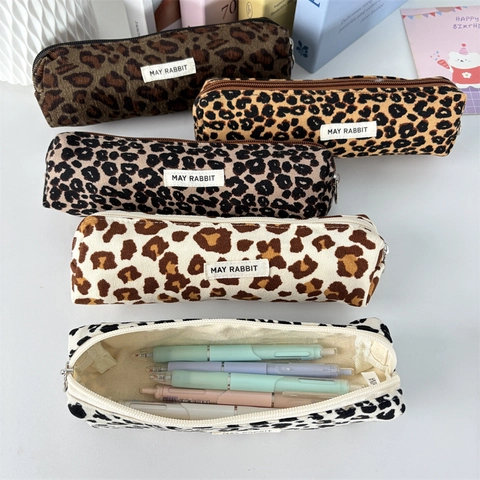 Leopard Print Penningzakje Corduroy Grote Capaciteit Draagbare Briefpapier Opbergtas Voor School Meisjes