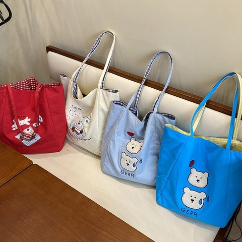 Borsa Tote In Tela Ricamo Orso Cartone Animato Grande Capacità Borsa A Spalla Stile Coreano Per Donne