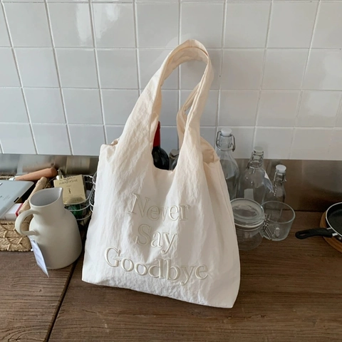 Large Capacity Tote Bag Women Never Say Goodbye Letter Embroidery Polyester Shoulder Bag Simple Urban Commuter Lightweight
