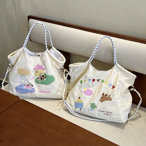 Bolso Tote De Gran Capacidad Con Bordado De Perro De Dibujos Animados Nailon Cordón Bolso De Hombro Asa De Cuerda Tejida Viaje