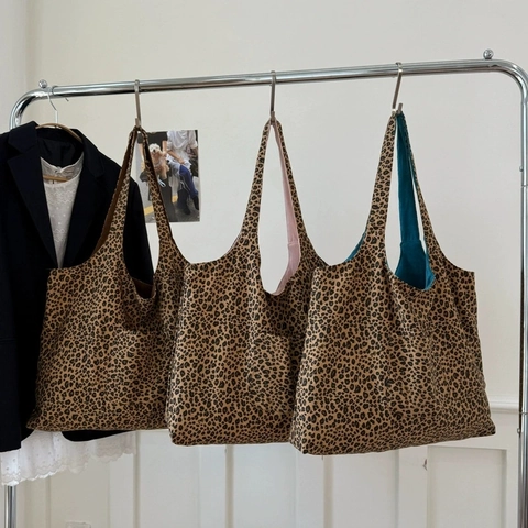 Sac Fourre-Tout Imprimé Léopard Velours Côtelé Double Face Grande Capacité Sac À Épaule Réversible Avec Poche Avant Style Vintage