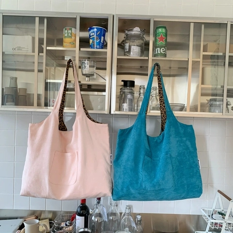 Sac Fourre-Tout Imprimé Léopard Velours Côtelé Double Face Grande Capacité Sac À Épaule Réversible Avec Poche Avant Style Vintage