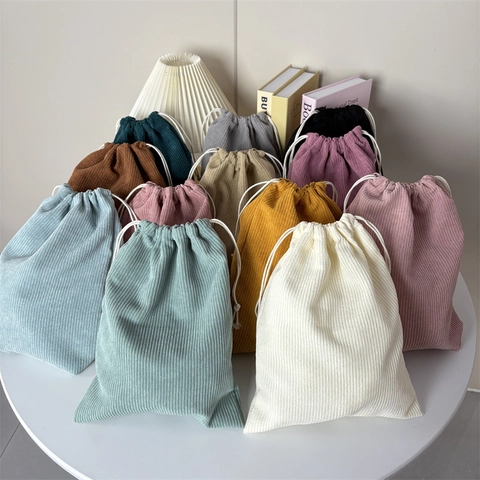 Corduroy Drawstring Pouch Bag Solid Color Soft Portable Storage For Cosmetic Gift Accessories Travel Organizer