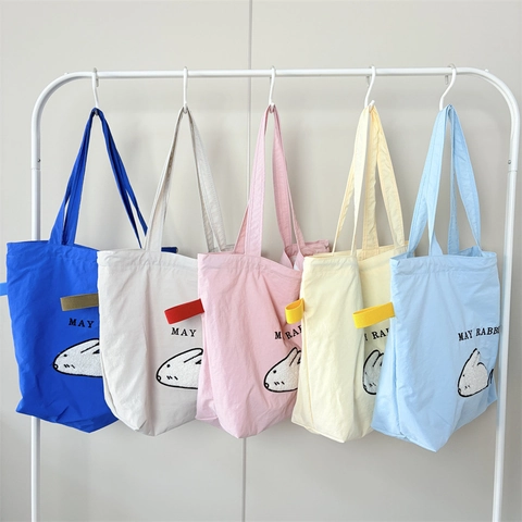 Borsa Tote Da Donna In Tela Con Ricamo Animale Coniglio Grande Capacità Coulisse Borsa A Spalla Casual