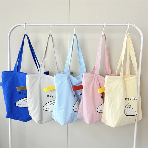 Borsa Tote Da Donna In Tela Con Ricamo Animale Coniglio Grande Capacità Coulisse Borsa A Spalla Casual