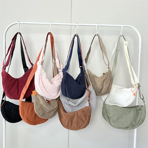 Corduroy Crossbody Bag Solid Color Half Moon Dumpling Bag Large Capacity Simple Casual Shoulder Bag For Women