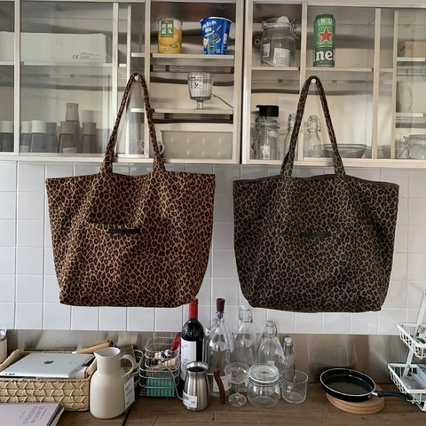 Leopard Print Tote Bag Large Capacity Nylon Canvas Casual Shoulder Handbag For Women Students Trendy Shopping Bag