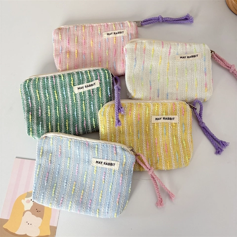 Cute Woven Coin Purse Polyester Knitted Mini Pouch With Colorful Striped Pattern And Rope Zipper Pull For Girls Women