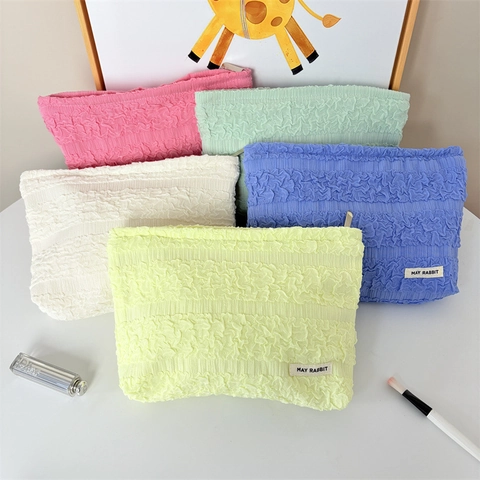 Borsa Per Cosmetici In Tessuto Popcorn Consistenza Pieghettata Grande Capacità Organizer Da Viaggio Cerniera Per Donne