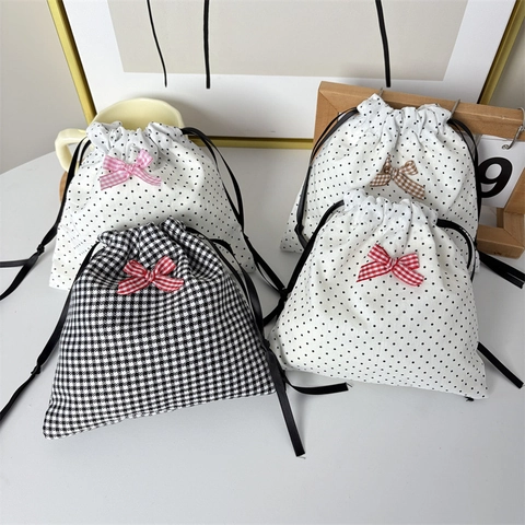Custodia Da Viaggio Con Coulisse A Pois E Pied-de-poule Con Fiocco In Tessuto Borsa Per Gioielli Organizzatore Per Trucco