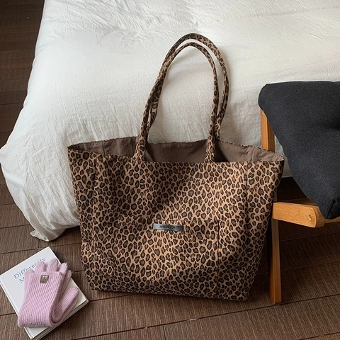 Leopard Print Tote Bag Large Capacity Nylon Canvas Casual Shoulder Handbag For Women Students Trendy Shopping Bag