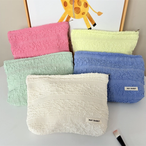 Borsa Per Cosmetici In Tessuto Popcorn Consistenza Pieghettata Grande Capacità Organizer Da Viaggio Cerniera Per Donne