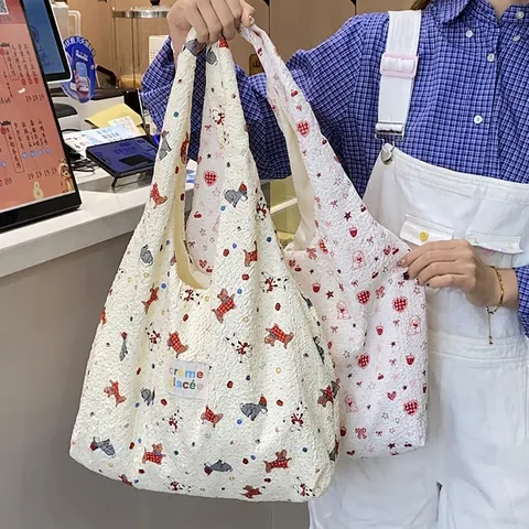 Große Tragetasche Polyester Schiffon Waffelstruktur Cartoon Hund Hase Drucke Lässige Shopping Schulter Handtasche Für Damen