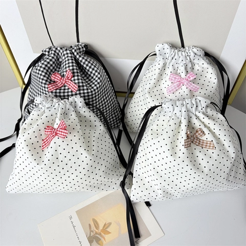 Custodia Da Viaggio Con Coulisse A Pois E Pied-de-poule Con Fiocco In Tessuto Borsa Per Gioielli Organizzatore Per Trucco