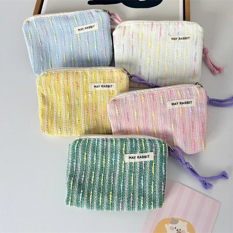 Cute Woven Coin Purse Polyester Knitted Mini Pouch With Colorful Striped Pattern And Rope Zipper Pull For Girls Women