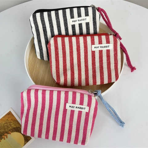 Gestreifte Münzbörse Leinwand Mini Aufbewahrungstasche Reißverschluss Kleiner Beutel Minimalistisch Unisex Tragbare Brieftasche
