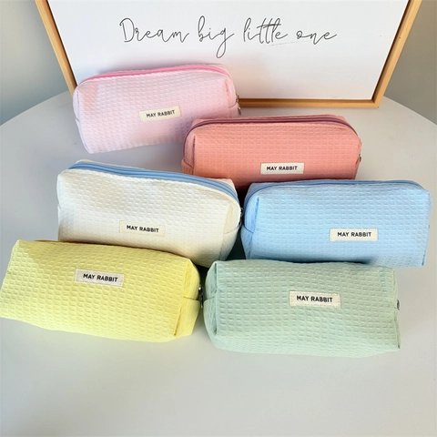 Waffle Weave Pencil Case Large Capacity Polyester Stationery Pouch Zippered Makeup Bag For Students Girls Korean Style