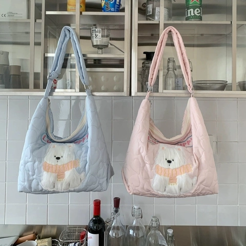 Sac À Bandoulière Matelassé Cœur Mignon Grande Capacité Sac Hobo En Nylon Avec Broderie Animale Pour Femmes Filles
