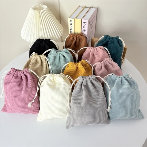 Corduroy Drawstring Pouch Bag Solid Color Soft Portable Storage For Cosmetic Gift Accessories Travel Organizer