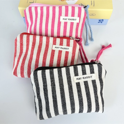 Gestreepte Portemonnee Canvas Mini Opbergtas Rits Kleine Zak Minimalistisch Unisex Draagbare Portemonnee