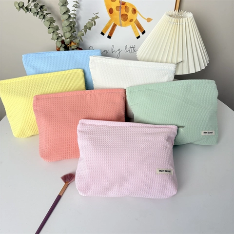 Waffle Weave Makeup Bag Large Capacity Cosmetic Pouch Portable Zipper Storage Organizer For Women Simple Solid Color